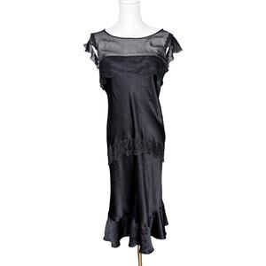 VTG Alberta Ferretti Y2K 100% Silk Black Asymmetric Lace Midi Dress Bias Cut
